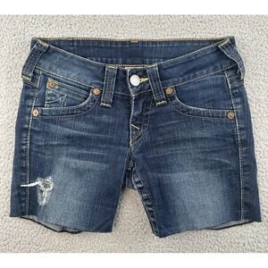 True Religion Shorts Women 26 Blue Denim Joey Cut Off Distressed Raw Hem USA Y2k